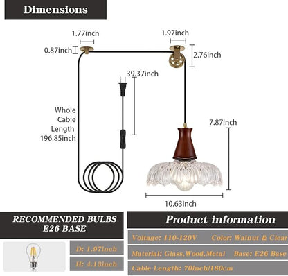 YLONG-ZS Plug in Pendant Light,8 Inch Glass Lampshade Hanging Lights with Plug in Cord Two Ways Switches Industrial Brass Pendant Lights with Plug in Cord for Bedroom