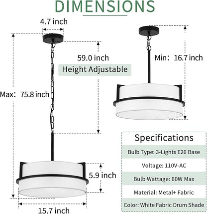 Modern Drum Chandelier for Dining Room 3 Light,15.7" Wide White Linen Drum Shade Ceiling Light Fixture,Pendant Lighting with Adjustble Hang Height Chandelier for Kitchen Islands Living Bedroom