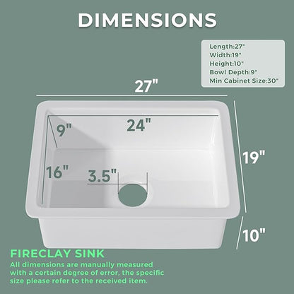 Fireclay White Undermount Kitchen Sink 27 Inch, Topmount White Undermount Laundry Sink 27''Wx19''Dx10''H Drop In Single Bowl, Heavy Duty Deep Basin, Dual Mount, for Kitchen, Island, Laundry