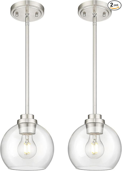 Pendant Lights Kitchen Island 2 Pack, 7" Modern Brushed Nickel Hanging Lights Fixtures with Clear Glass Globe Shade, Kitchen Island Lighting for Bathroom, AD-22280-1P2-SN-C