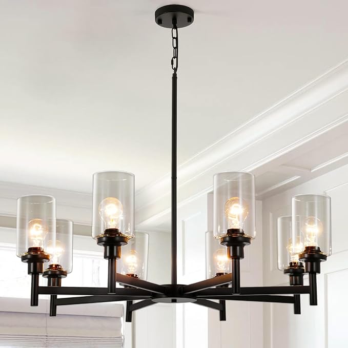 A Million 27.5" Black Chandelier 5 Lights, Kitchen Island Lighting Industrial Chandelier with Clear Glass Shade, Ceiling Pendant Light for Farmhouse Dining Room Living Room Bedroom