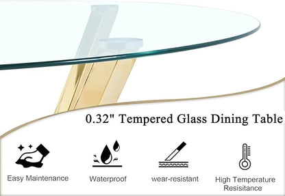 Round Dining Table for 4 6 People, 45.3" Modern Glass Kitchen Table, Circle Gold Dinner Table with 0.32" Thick Tempered Glass Top and Metal Legs, Glass Dining Room Furniture for Kitchen Living Room