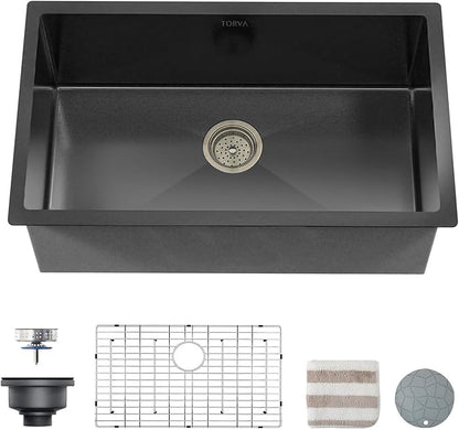 TORVA 32 x 19 Inch Gloss Black Ceramic Coating with NanoTek Undermount Kitchen Sink,PVD Coated Gunmetal Sink, 16 Gauge Stainless Steel Wet Bar or Prep Sinks Single Bowl, Dark Gray