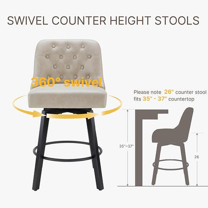 KISLOT Swivel Counter Height Bar Stools Set of 2, 26" Upholstered Faux Leather Barstools with Back,Thick Seat and Square Solid Wood Legs for Kitchen Island Home Bar, Beige