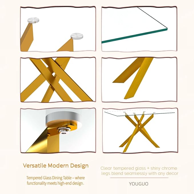 51.18" Rectangular Glass Dining Table, Tempered Glass Small Kitchen Table with Metal Tubular Legs, Stylish and Sturdy Gold Dinner Table for Home and Outdoor