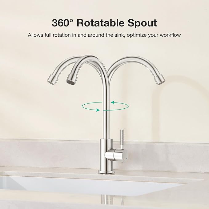 CREA Brushed Faucet for Kitchen Bar Outdoor Sink 1 Hole 3Holes(with Deck Plate)，High Arc 360°Swivle Single Handle Tap Brushed 304 Stainless Steel