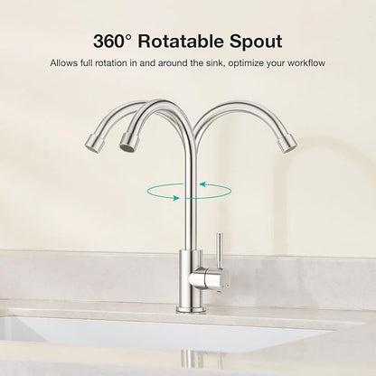 CREA Brushed Faucet for Kitchen Bar Outdoor Sink 1 Hole 3Holes(with Deck Plate)，High Arc 360°Swivle Single Handle Tap Brushed 304 Stainless Steel