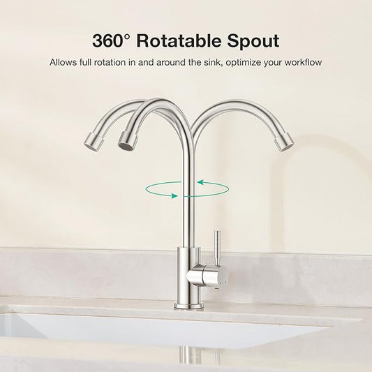 CREA Brushed Faucet for Kitchen Bar Outdoor Sink 1 Hole 3Holes(with Deck Plate)，High Arc 360°Swivle Single Handle Tap Brushed 304 Stainless Steel