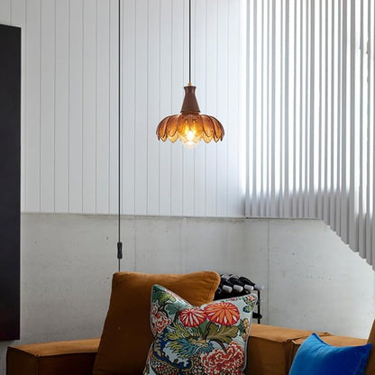 YLONG-ZS Plug in Pendant Light,Hanging Light Plug in Vintage Flower Glass Walnut Wood Pendant Light, Modern Gold Pulley Hanging Lamp for Kitchen Island, Bedroom, Dining Room, Living Room，Corner