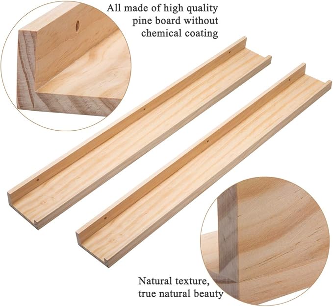 AZSKY Natural Wood Floating Shelves-Wall Mounted Picture Shelf Photo Ledge for Frames & Albums Display-24 Inch Nursery Book Shelf Vinyl Record Shelf for Bedroom, Bathroom, Living Room, Kitchen Decor