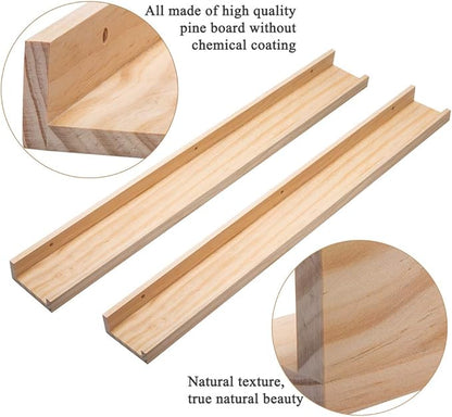 AZSKY Natural Wood Floating Shelves-Wall Mounted Picture Shelf Photo Ledge for Frames & Albums Display-24 Inch Nursery Book Shelf Vinyl Record Shelf for Bedroom, Bathroom, Living Room, Kitchen Decor