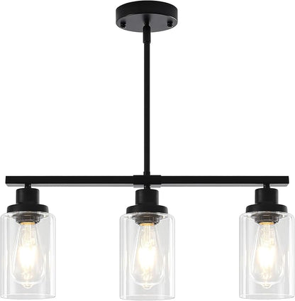 Modern Island Lights for Kitchen Black Dining Room Light Fixtures Over Table 3-Light Farmhouse Linear Chandelier Clear Glass Kitchen Lights Ceiling Adjustable Hanging Pendant Lighting Over Island