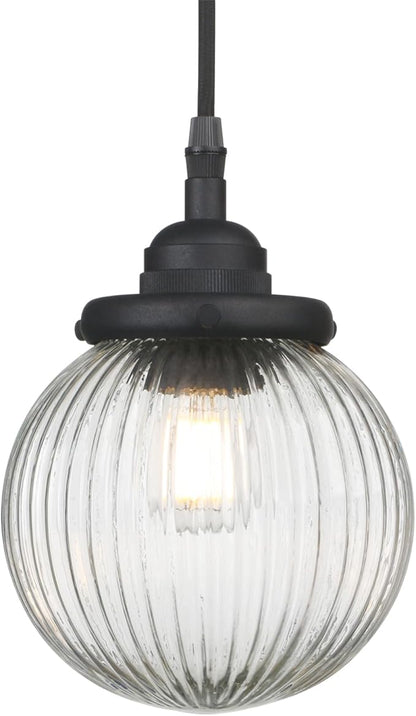 Yosoan 1-Light Vintage Industrial Kitchen Hanging Pendant Light Fixture, Single Hardwired Indoor Vanity Retro Textured Striped Round Glass Shade Small Lamp for Dinning Room Living Room Island(Black)