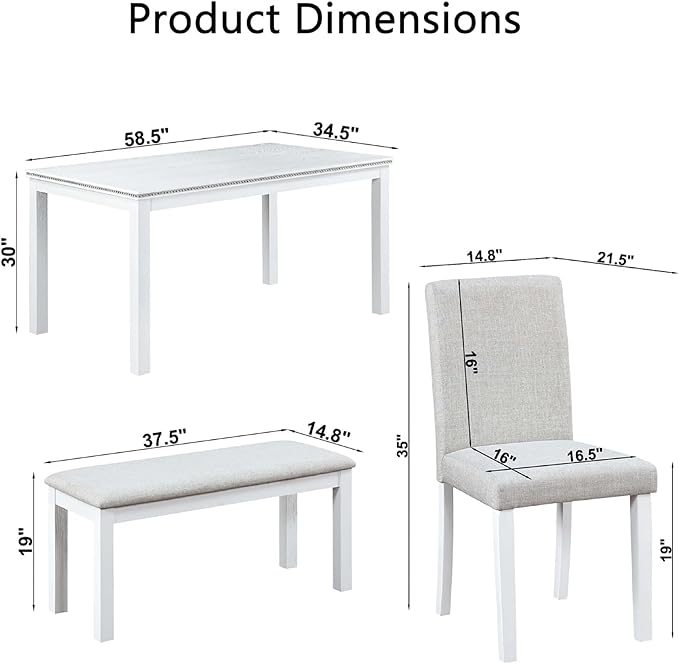Dining Table Set for 6, 6 Piece Wooden Dining Table Set, Kitchen Furniture with Rectangular Crystal Decoration Dining Table, 4 Upholstered Chairs & Bench, Space-Efficient for Apartment, White