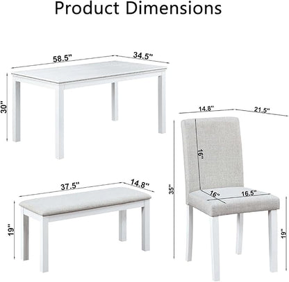 Dining Table Set for 6, 6 Piece Wooden Dining Table Set, Kitchen Furniture with Rectangular Crystal Decoration Dining Table, 4 Upholstered Chairs & Bench, Space-Efficient for Apartment, White
