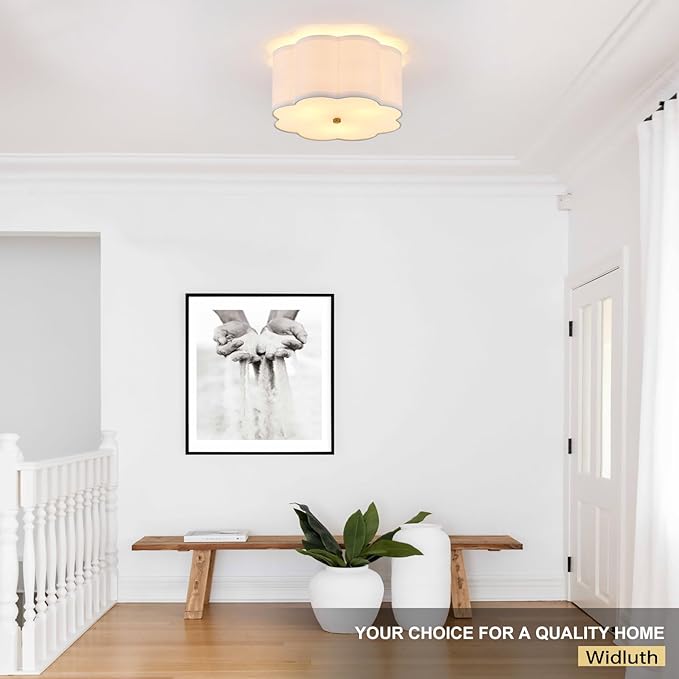 12.99“ Semi Flush Mount Ceiling Light Fixture Modern 3-Lights Gold Drum Ceiling Lighting Vintage Linen Ceiling Lamp for Laundry Room, Kitchen, Basement, Dining Room, Bedroom
