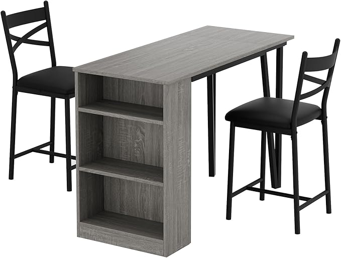 3-Piece Bar Table and Chairs Set, Extendable Kitchen Island with Storage Shelves, Counter Height Dining Table for Small Spaces, 2 Cushioned Bar Stools Included, Gray