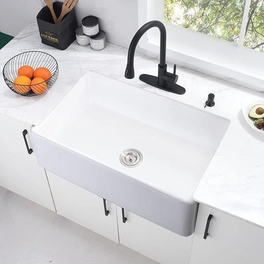 33 Inch Fireclay Farmhouse Sink White-Bokaiya 33x20 White Kitchen Sink Farm House Apron Front Porcelain Ceramic Deep Single Bowl Farm Sink with Dish Rack