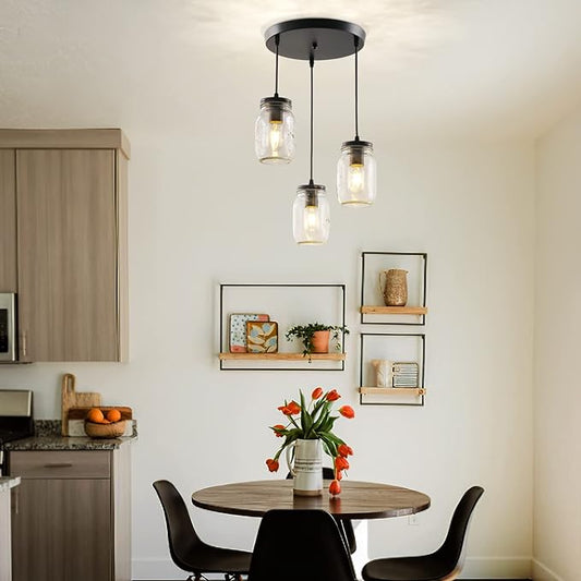 Mason Jar Light Fixtures, 3 Lights Farmhouse Mason Jar Pendant Light, Glass Jar Chandelier Country Adjustable Hanging Ceiling Lighting for Kitchen Dining Room Hallway