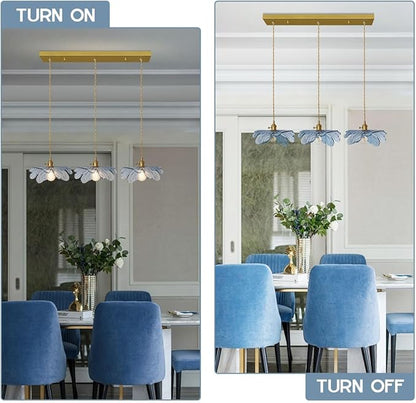 3-Light Hand Blown Glass Chandelier, Blue Flower Glass Shade with Brushed Brass Gold Base, Adjustable Pendant Light Mid Century Vintage Farmhouse Hanging Lamp for Dining Room Kitchen Island