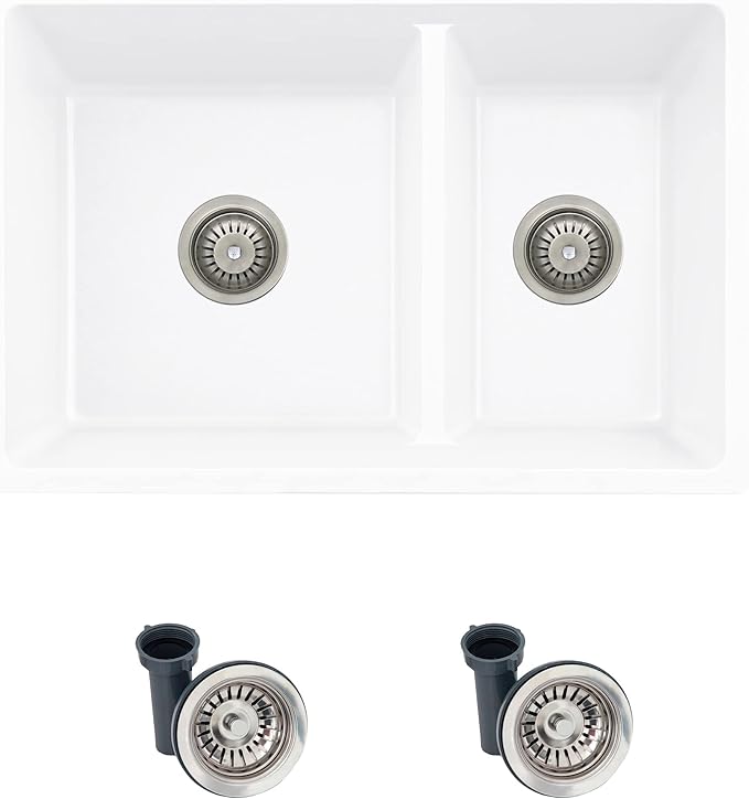 Stylish 27.25 x 18.75 Inch Drop In or Undermount Kitchen Sink Double Bowl Workstation 9.5 Inches Deep Granite Composite Kitchen Sinks with Regular Strainers White, S-827H