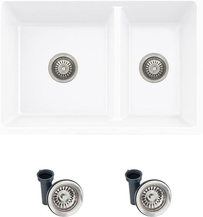 Stylish 27.25 x 18.75 Inch Drop In or Undermount Kitchen Sink Double Bowl Workstation 9.5 Inches Deep Granite Composite Kitchen Sinks with Regular Strainers White, S-827H