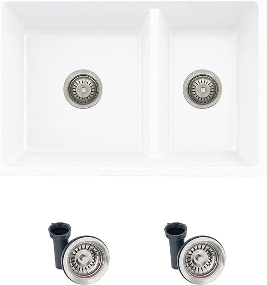 Stylish 27.25 x 18.75 Inch Drop In or Undermount Kitchen Sink Double Bowl Workstation 9.5 Inches Deep Granite Composite Kitchen Sinks with Regular Strainers White, S-827H