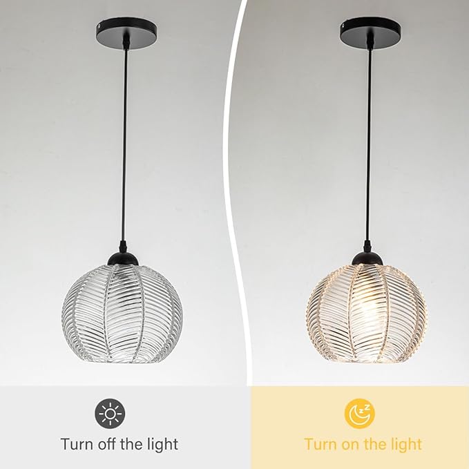 Clear Glass Pendant Light Vintage Hanging Light Fixture with Clear Ribbed Glass Shade Mid Century Modern Pendant Lighting for Kitchen Island Dining Living Room Bedroom Farmhouse