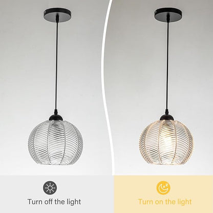 Glass Globe Pendant Lights, Clear Ribbed Glass Shade Mid Century Modern Pendant Light fixtures Pumpkin Design Black Adjustable Cord Ceiling Pendant Light Kitchen Island Dining Bedroom