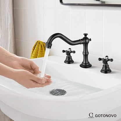 gotonovo Bathroom Faucet 3 Hole 8 Inch Widespread Bathroom Sink Faucet 2 Cross Handles Vintage Lavatory Vanity Mixer Tap with Pop Up Drain, HOT Cold Label, Oil-Rubbed Bronze