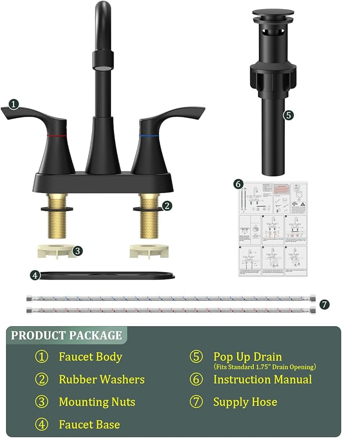 Matte Black Bathroom Faucet 3 Hole, Evolvegoods 4 Inch Stainless Steel Bathroom Sink Faucet, 2 Handle Centerset Faucet for Bathroom Sink Vanity, with Pop Up Drain and 2 Supply Hoses