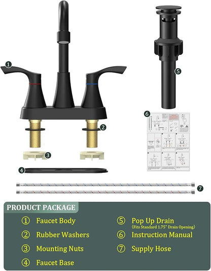 Matte Black Bathroom Faucet 3 Hole, Evolvegoods 4 Inch Stainless Steel Bathroom Sink Faucet, 2 Handle Centerset Faucet for Bathroom Sink Vanity, with Pop Up Drain and 2 Supply Hoses