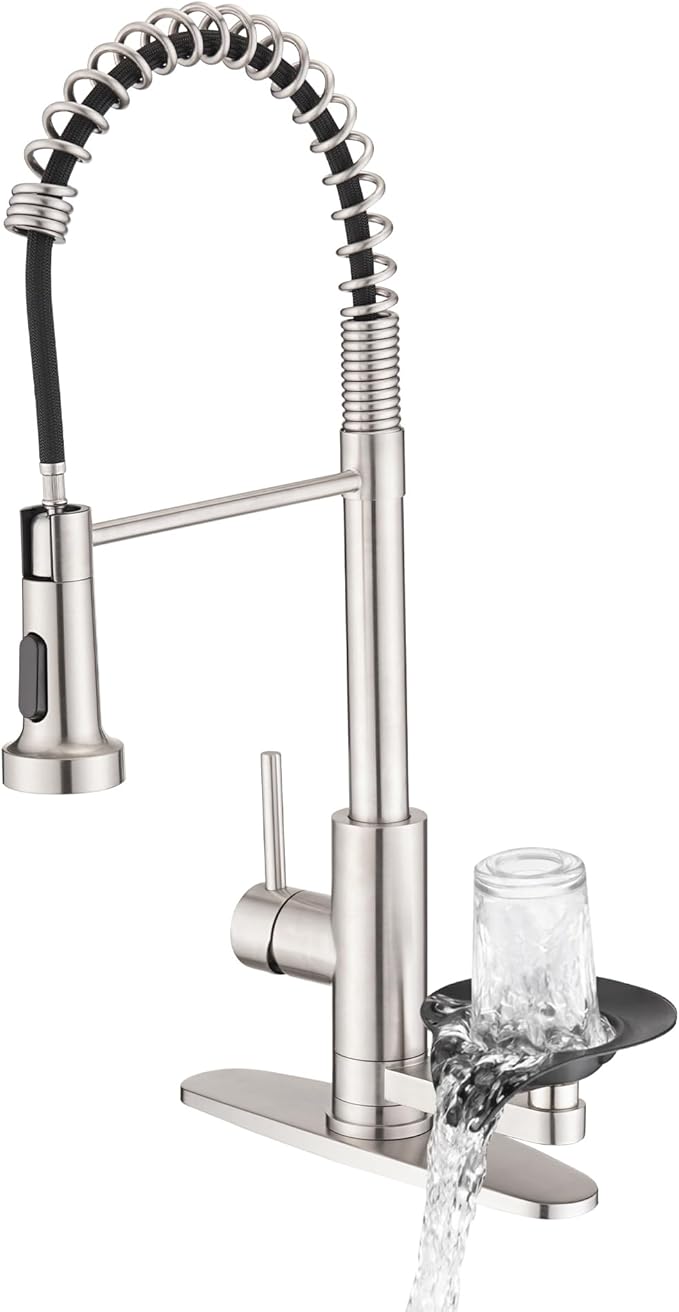 Kitchen Sink Fuacet with Glass Rinser, Single Handle Kitchen Faucet with Pull Down Sparyer, 304 Stainless Steel, Deck Plate, Brushed Nickel