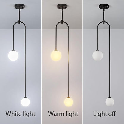 Modern Milk Glass Pendant Light 2 Light Mid Century Chandelier Small Glass Globe Black Pendant Lights for Kitchen Island Bedroom Dining (2 Pack)