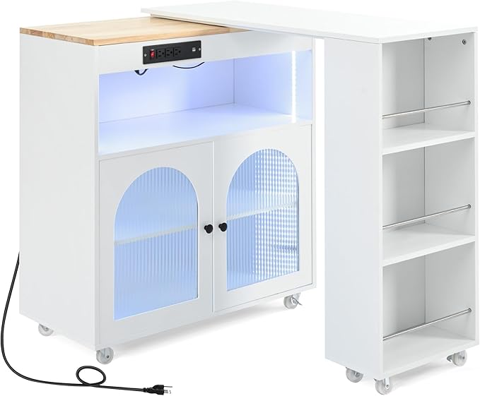 Rolling Kitchen Island with Extended Table and Power Outlets 2 Fluted Glass Doors Storage Compartment 3 Side Open Shelves Practical(White)