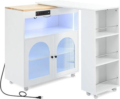 Rolling Kitchen Island with Extended Table and Power Outlets 2 Fluted Glass Doors Storage Compartment 3 Side Open Shelves Practical(White)