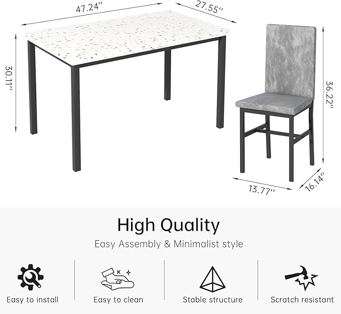tantohom Dining Table Set for 4, 5-Piece Faux Marble Dining Set,4 Upholstered Velvet Chairs, Modern Kitchen Table Furniture for Dining Room, Dinette, Compact Space-Saving Faux Marble Tabletop, Grey