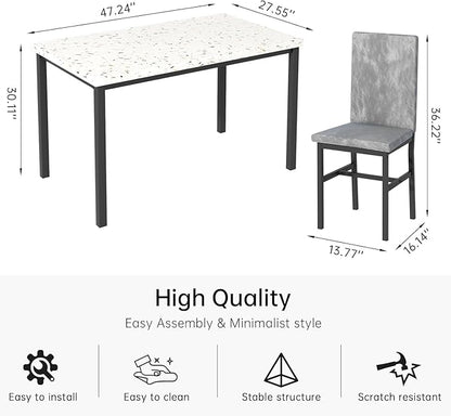 tantohom Dining Table Set for 4, 5-Piece Faux Marble Dining Set,4 Upholstered Velvet Chairs, Modern Kitchen Table Furniture for Dining Room, Dinette, Compact Space-Saving Faux Marble Tabletop, Grey