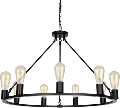 9-Lights Farmhouse Chandelier | Dia 32'' Black Wagon Wheel Chandelier | Rustic Hanging Dining Room Light Fixture | Apply to Living Room | Kitchen Island | Entryway | Foyer