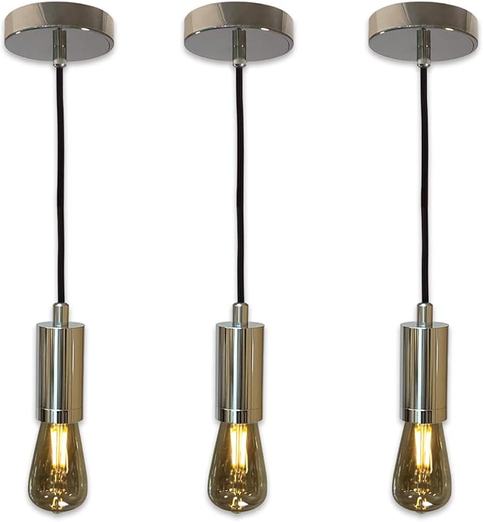 Royal Designs, Inc. Hanging Pendant Lighting Keyless Cylinder-Shaped Pendant Light Socket and Canopy, Polished Nickel Finish with Black Rayon Fabric Cord