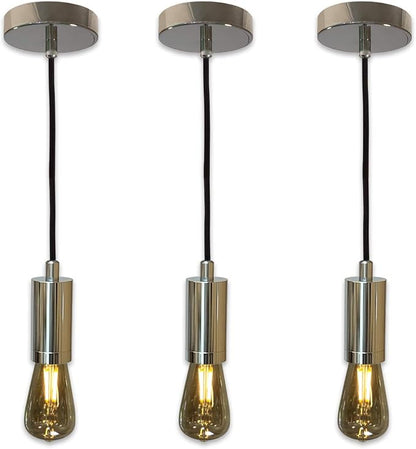 Royal Designs, Inc. Hanging Pendant Lighting Keyless Cylinder-Shaped Pendant Light Socket and Canopy, Polished Nickel Finish with Black Rayon Fabric Cord