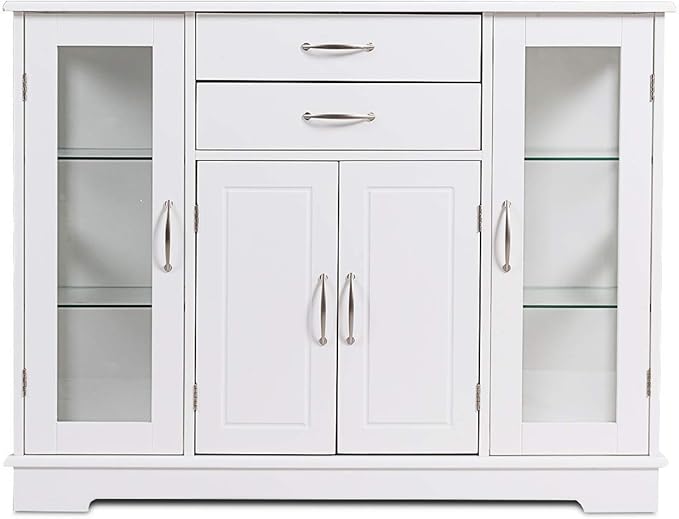 Giantex Sideboard Buffet Server Storage Cabinet W/ 2 Drawers, 3 Cabinets and Glass Doors for Kitchen Dining Room Furniture Cupboard Console Table (White)