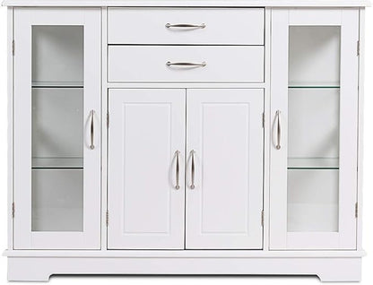 Giantex Sideboard Buffet Server Storage Cabinet W/ 2 Drawers, 3 Cabinets and Glass Doors for Kitchen Dining Room Furniture Cupboard Console Table (White)