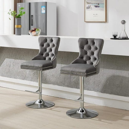 Set of 2 Thick Chrome Swivel Velvet Barstools,Adjustable 25-33" Height,with17.7 Base,Sponge&Spring Seat,for Home Pub&Kitchen Island(Blue) (Gray + Velvet + Foam-1)