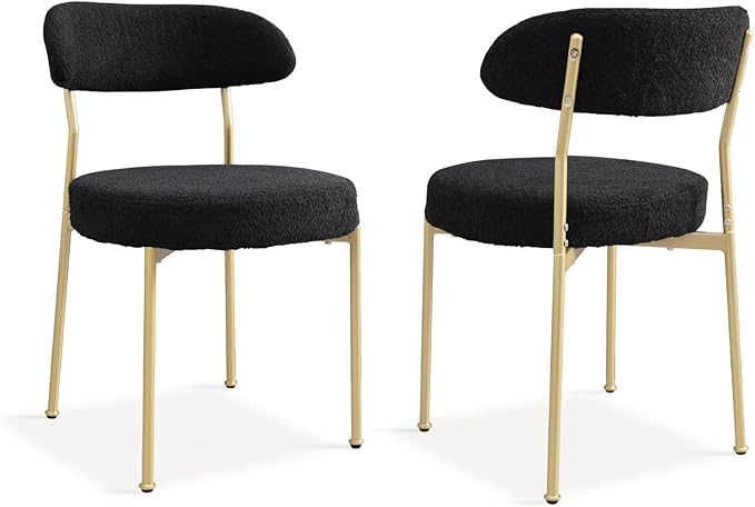 Black Boucle Dining Chair Set of 2, Modern Oval Upholstered Dining Chairs with Curved Back and Metal Leg for Dining Room,Restaurant,Kitchen Island(Gold Leg)