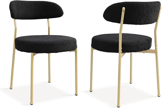Black Boucle Dining Chair Set of 2, Modern Oval Upholstered Dining Chairs with Curved Back and Metal Leg for Dining Room,Restaurant,Kitchen Island(Gold Leg)