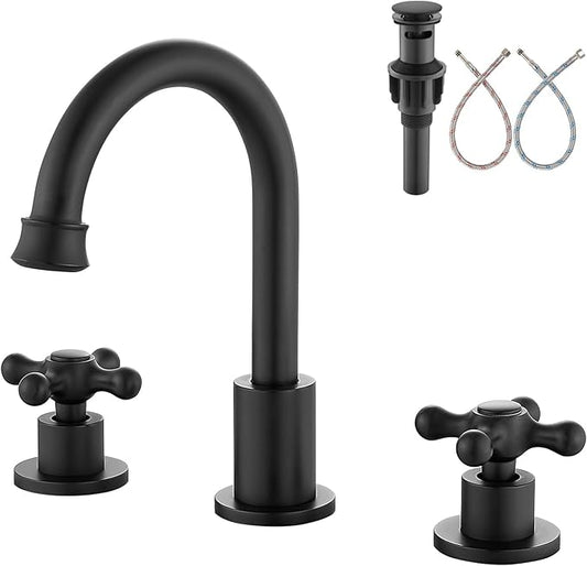 Aolemi 8 Inch 3 Holes Widespread Bathroom Sink Faucet Double Cross Handle SUS304 360 Degree Swivel Spout with Pop Up Drain Deck Mount Lavatory Mixer Tap Matte Black