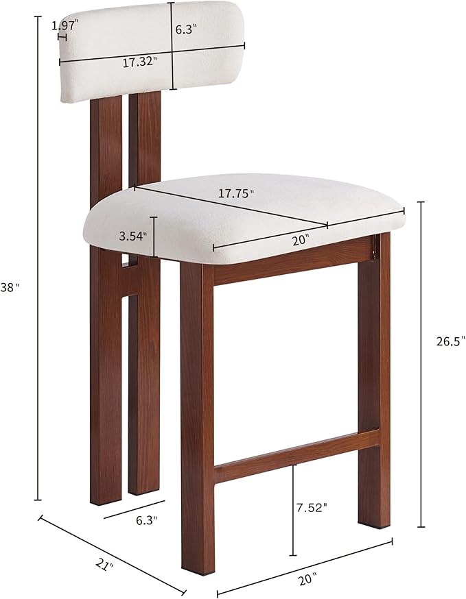 Set of 2 Modern Round Bar Stools with Low Back, 26.5" Height Upholstered Fabric Seats and Walnut Iron Frame for Kitchen Island, Dining Counter, Home Bar - White and Walnut