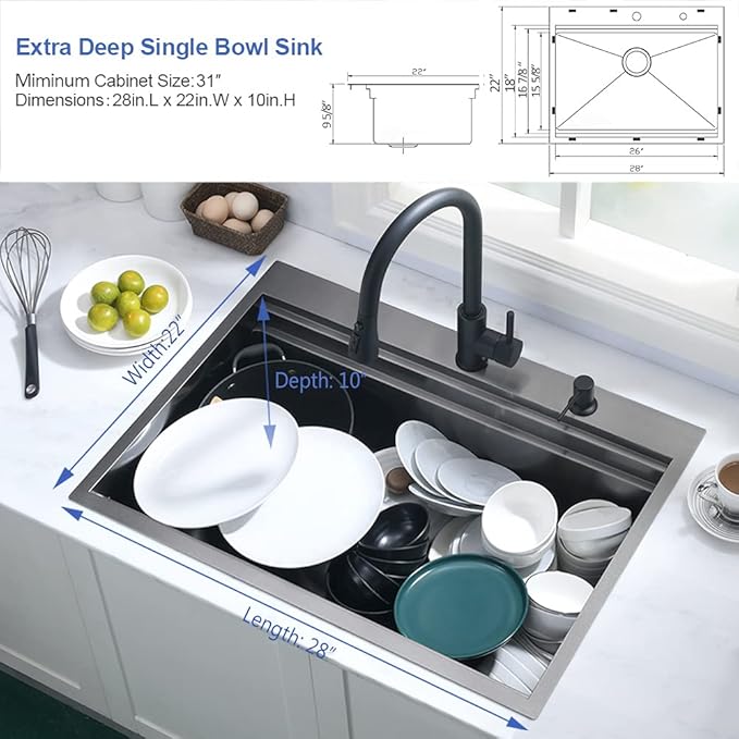 Black Kitchen Sink Drop In-Hovheir 28x22 Black Stainless Steel Drop In Kitchen Sink Top Mount Workstation Sinks 16 Gauge Single Bowl Deep Sinks with Cutting Board
