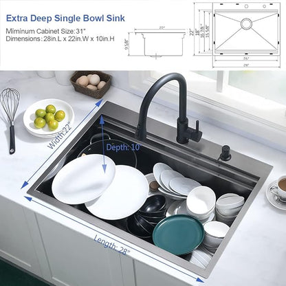 Black Kitchen Sink Drop In-Hovheir 28x22 Black Stainless Steel Drop In Kitchen Sink Top Mount Workstation Sinks 16 Gauge Single Bowl Deep Sinks with Cutting Board